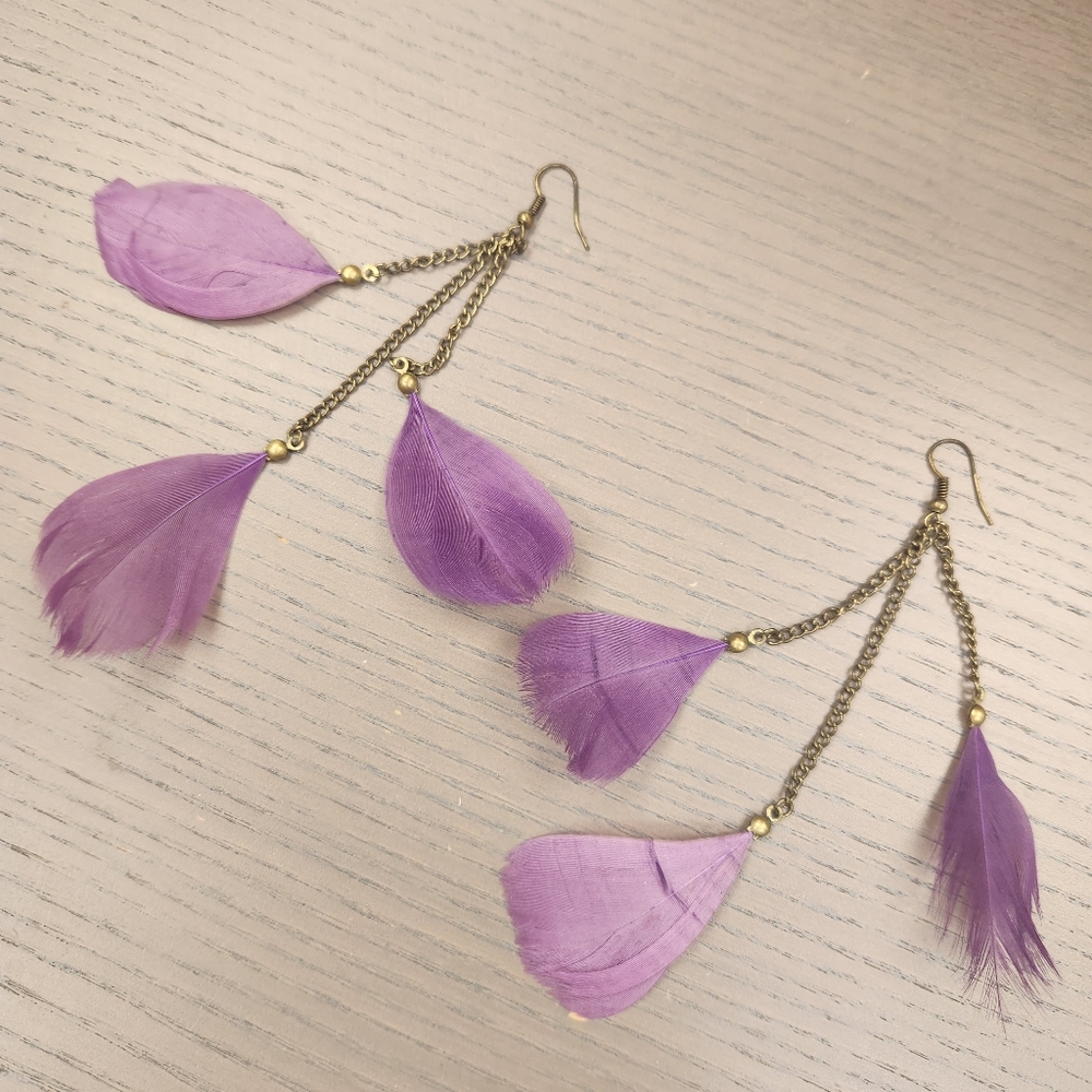 Purple feather earrings